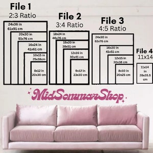 Op de afbeelding: Een grafiek die verschillende afdrukformaten voor foto's laat zien met de tekst "File 1 2:3 Ratio", "File 2 3:4 Ratio", "File 3 4:5 Ratio" en "File 4 11x14". De grafiek toont de afmetingen in inches en centimeters voor elke maat.