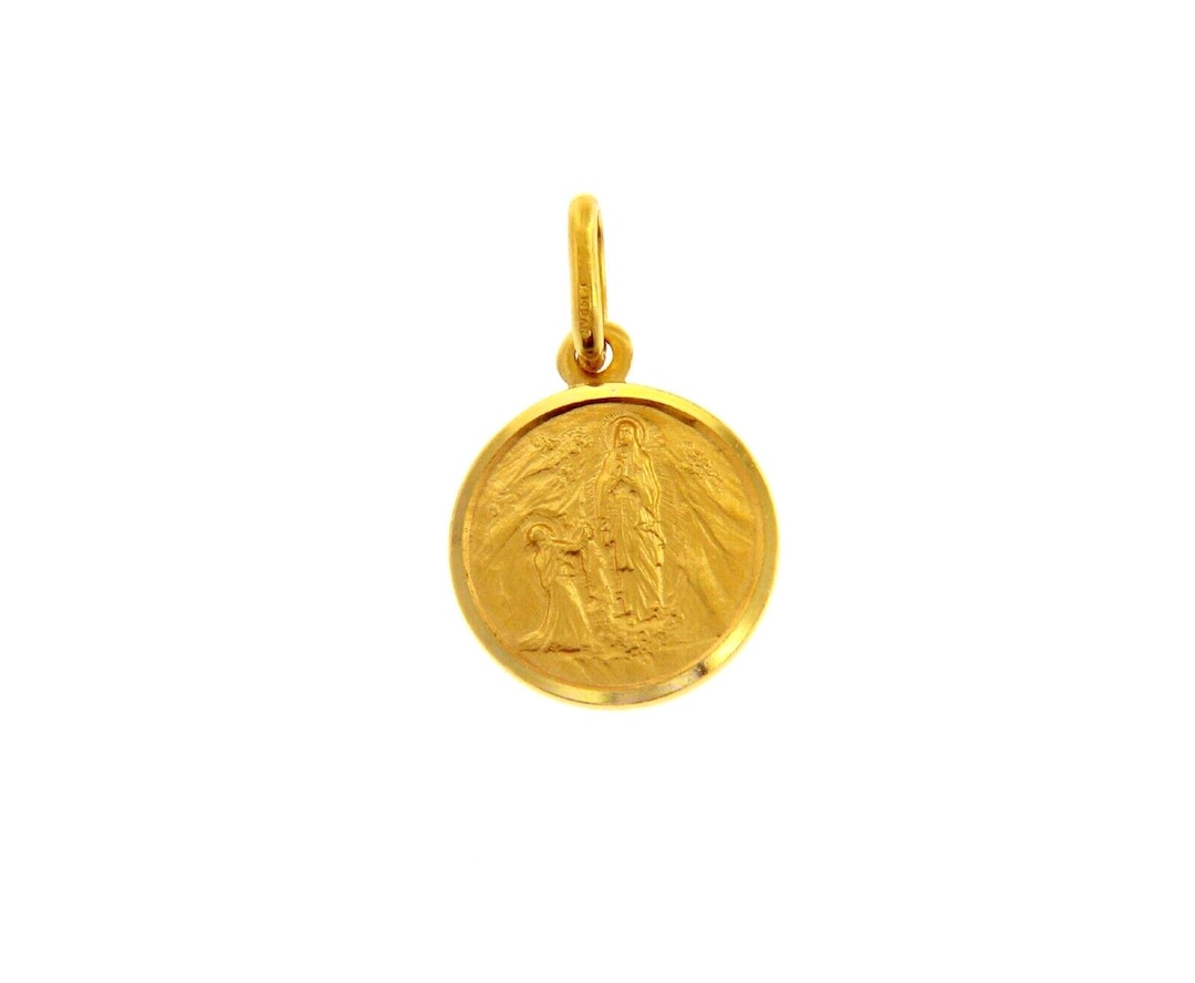 18k Yellow Gold Senora Lady of Lourdes Small 11 Mm Round Medal Virgin ...