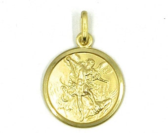 solid 18k yellow gold Saint Michael Archangel 15 mm very detailed medal, pendant