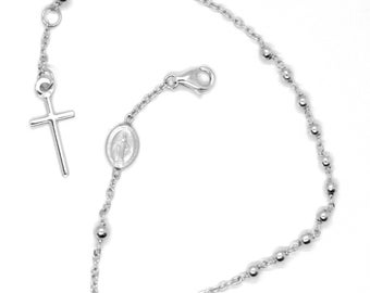 18k white gold rosary bracelet, 2.5 mm spheres, cross & miraculous medal