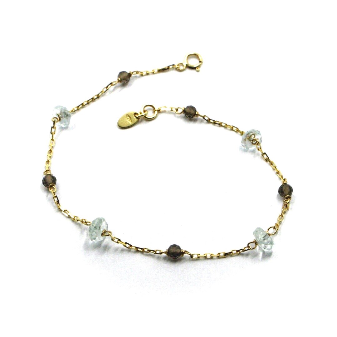 Square Rolo 18k Yellow Gold Square Rolo Bracelet Faceted Aquamarine Discs and Smoky ...