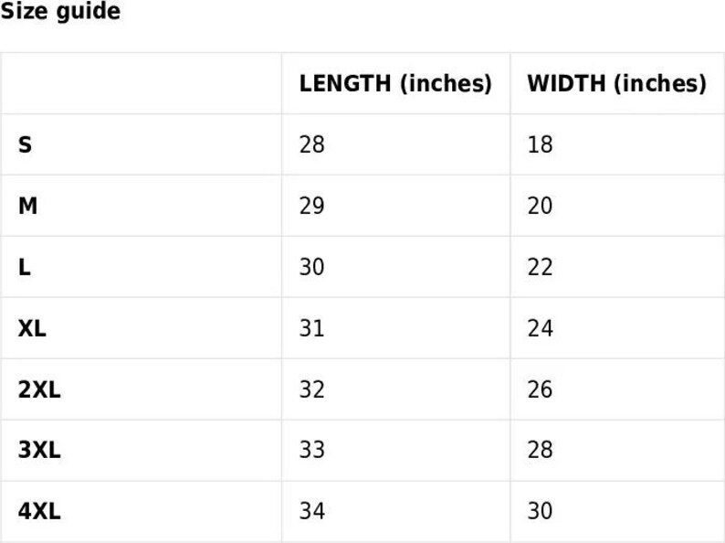 May include: Size guide for clothing with measurements in inches. The table shows the length and width of different sizes, from S to 4XL.