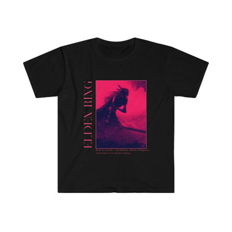 May include: Black t-shirt featuring a graphic design from the video game Elden Ring. The design includes a figure in a red and purple color scheme, with the game's title vertically on the left side. The shirt also has text at the bottom of the graphic.