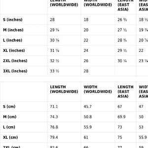 May include: A size guide chart with measurements for clothing. The chart includes sizes S to 3XL, with length and width measurements in inches and centimeters. The chart also includes measurements for East Asia.