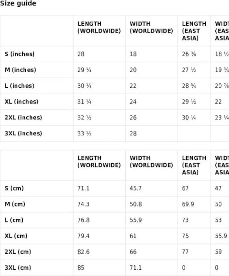 May include: A size guide chart with measurements for clothing. The chart includes sizes S to 3XL, with length and width measurements in inches and centimeters. The chart also includes measurements for East Asia.
