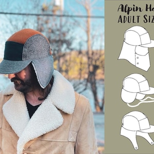 Alpin Hat PDF Patrón de costura TAMAÑO ADULTO, Carta, A0, Proyector con Tutorial, Sombrero de invierno con ala, Pasamontañas, Sombrero de trampero, Sombrero de 5 paneles