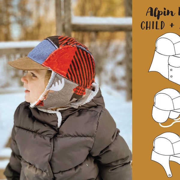 Alpin Hat PDF Sewing Pattern CHILD & ADULT Size,Letter, A0, Projector with Tutorial, Brimmed Winter hat, Balaclava, Trapper Hat, 5 panel hat