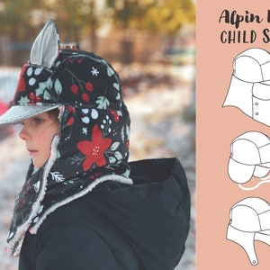 Alpin Hat PDF Sewing Pattern CHILD SIZE, Brimmed Winter hat, Balaclava, Trapper Hat, 5 panel hat