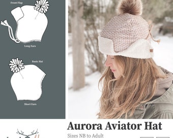 Aurora Aviator Hat- PDF Sewing Pattern,INSTANT DOWNLOAD - Sizes Newborn to Adult, Easy Winter Hat