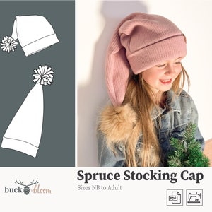 Könnte beinhalten: Eine rosa Strumpfhaube mit einem Bommel oben. Die Mütze ist aus weichem, gestricktem Stoff und hat einen langen, fließenden Schwanz. Die Mütze wird von einem Kind getragen. Der Text "Spruce Stocking Cap" und "Sizes NB to Adult" ist unter dem Bild zu sehen. Der Text "PDF" und ein Nähmaschinen-Symbol sind in der unteren rechten Ecke zu sehen.