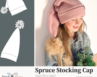 Spruce Stocking Cap- PDF Sewing Pattern,INSTANT DOWNLOAD - Sizes Newborn to Adult, Slouchy cuffed beanie hat