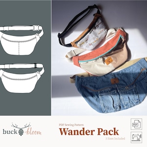 May include: Image features a variety of fanny packs in different colors and materials, including denim, canvas, and patterned fabric. The packs have adjustable straps and zippers. The image also includes a line drawing of the fanny pack design and the text "Wander Pack".