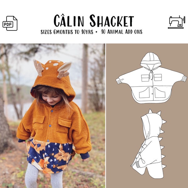 Câlin Shacket PDF Schnittmuster, Größe 0-6 Monate bis 10Jahre, A0 Letter PDF, Din A0 Letter PDF, Baby und Kinder Jacke Poncho Dolman Sleeve