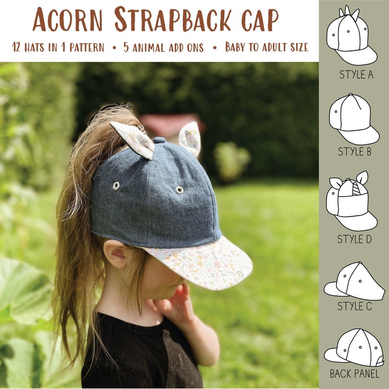 Acorn Strapback Cap PDF Sewing Pattern, Baby and Adult Size Instant Download image 1