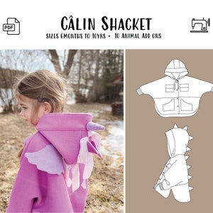 Patrón de costura Câlin Shacket PDF, talla 0-6 m a 10 años, proyector A0 letra PDF, chaqueta para bebé y niño Poncho manga dolman