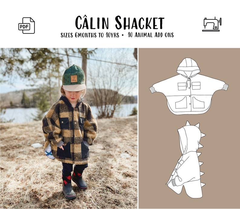 Câlin Shacket PDF Sewing Pattern, Size 0-6m to 10years, Projector A0 Letter PDF, Baby and Child Jacket Poncho Dolman Sleeve image 1