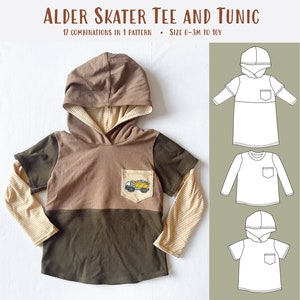 Alder Skater Tee y Túnica PDF Patrón de costura y tutorial, Descarga instantánea, Tamaño 0-3m a 10Y