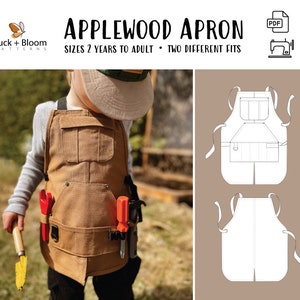 Applewood Apron PDF Patrón de costura, Tamaño de niños a adultos, Proyector A0 Carta PDF, Delantal utilitario de ropa de trabajo con dobladillo dividido
