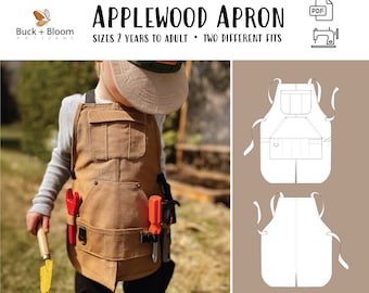Applewood Apron PDF Sewing Pattern, Sized Kids to Adults, Projector A0 Letter PDF, Workwear Utility Apron with Split Hem