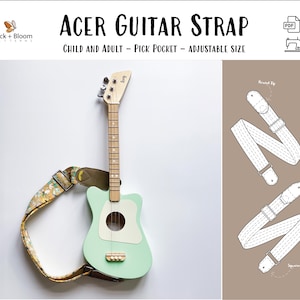 Op de afbeelding: Een groene en witte gitaar met een bloemenprintband. De band heeft een plectrumzakje. De gitaarband is verstelbaar en geschikt voor zowel kinderen als volwassenen. De afbeelding bevat een PDF-pictogram en een naaimachinepictogram.