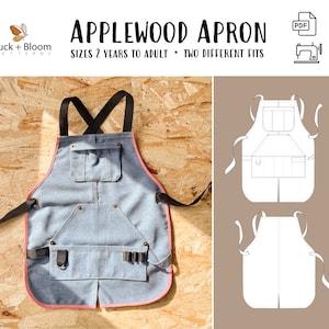 May include: A blue denim apron with pink trim and multiple pockets. The apron has a criss-cross strap design and is shown on a wood background. The image also includes a line drawing of the apron in two different styles.