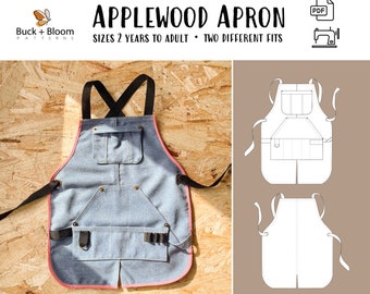 Applewood Apron PDF Sewing Pattern, Sized Kids to Adults, Projector A0 Letter PDF, Workwear Utility Apron with Split Hem