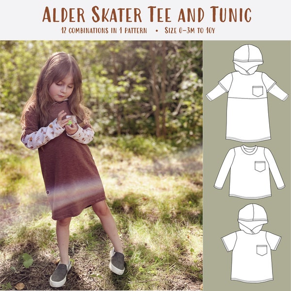 Alder Skater Tee and Tunic PDF Sewing Pattern and Tutorial, Instant Download, Sized 0-3m to 10Y