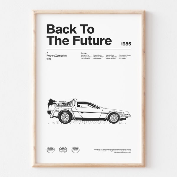 MP02/ Back To The Future Poster, DMC The DeLorean, Movie Poster with Synopsis, Black White Poster, Minimalist, Modern Prints, Wall Decor