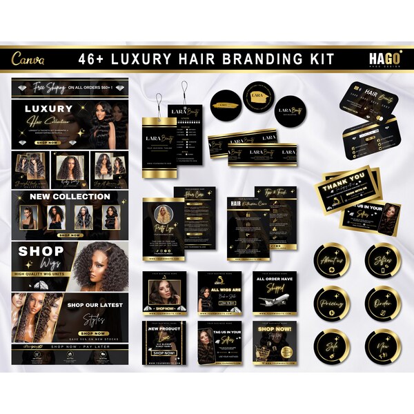 46+ Luxus Hair Branding Kit, Branding Bundle für Friseur, Hair Hang Tags und Bundle Wraps, Website Banner Kit, Haar Logo, Hair Flyers