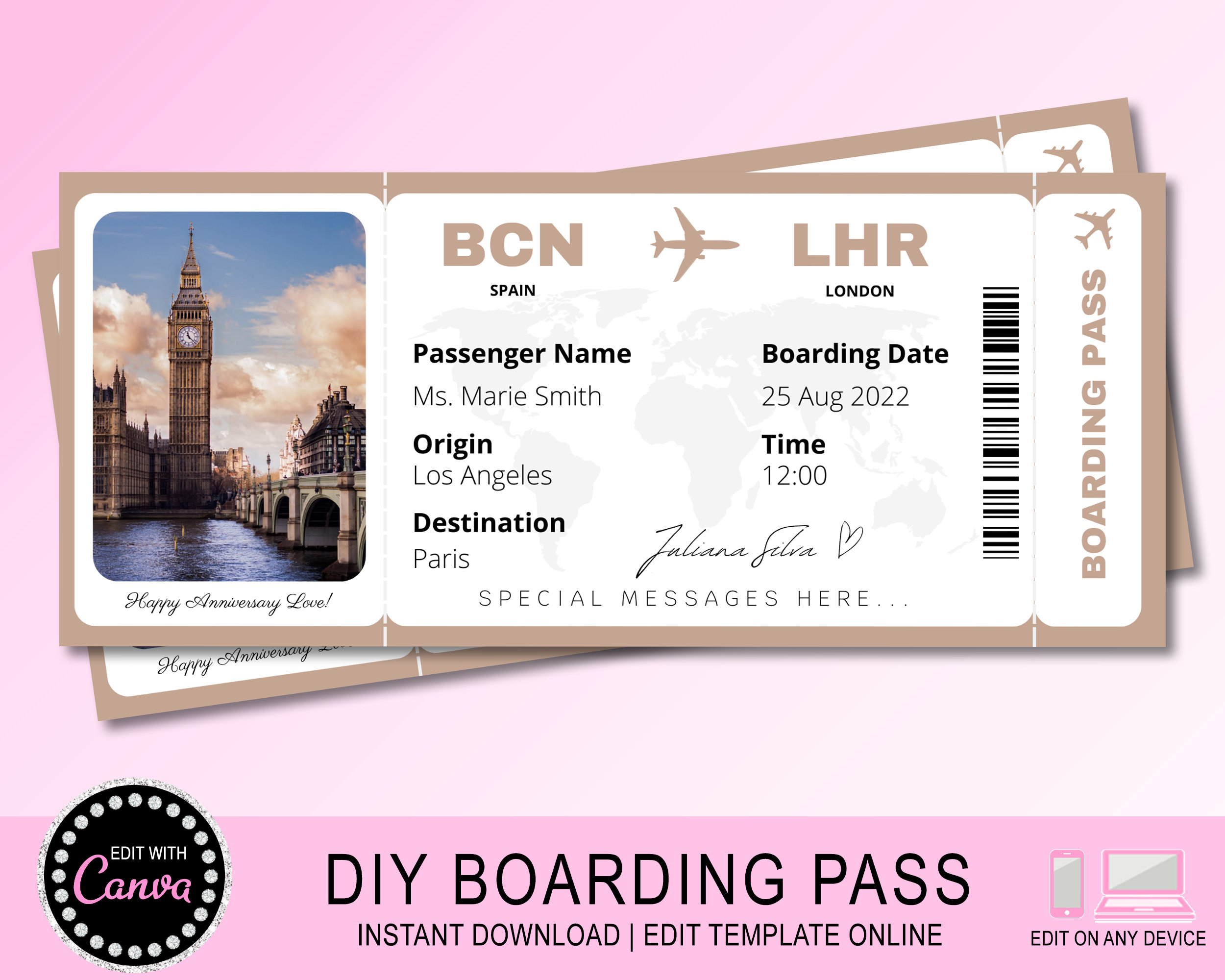 Editable Boarding Ticket Template Boarding Pass Printable - Etsy