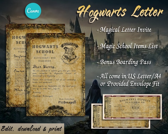 Editable Hogwarts Acceptance Letter Set to Wizard School of