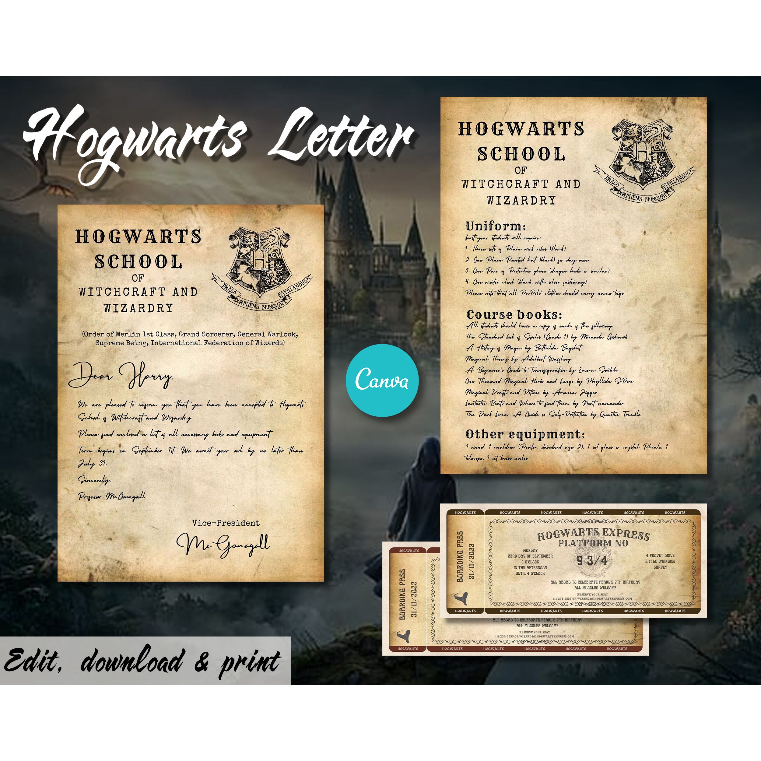 Editable Hogwarts Acceptance Letter Set to Wizard School of Witchcraft and  Wizardry, New Editable & Printable Hogwarts Letter 