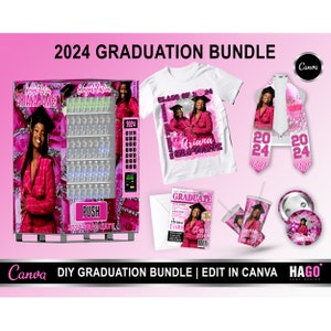 Graduation Sublimation Design Bundle I Vending Machine, Grad Invitation, T-shirt, Stole Sash, Pin Button, Tumbler I Editable in Canva