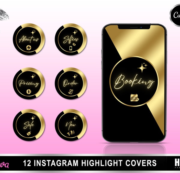DIY Gold Instagram Highlight Covers, Instagram Story Highlights, Luxury Black gold Story Icons, Business Highlight Template