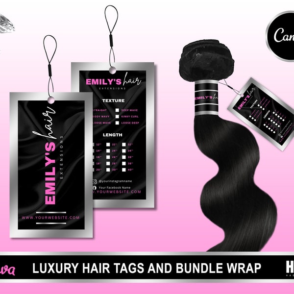 Hair Tags and Bundle Wraps Template,  Luxury Hair Tags, Luxury Bundle Wraps, Printable Glam Luxury Hair Extensions, Hair Business Packaging