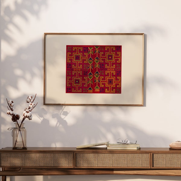 Wabi-sabi  red woven fabric print, tribal print look, boho ethnic tapestry design vibrant red and yellow color print, instant download