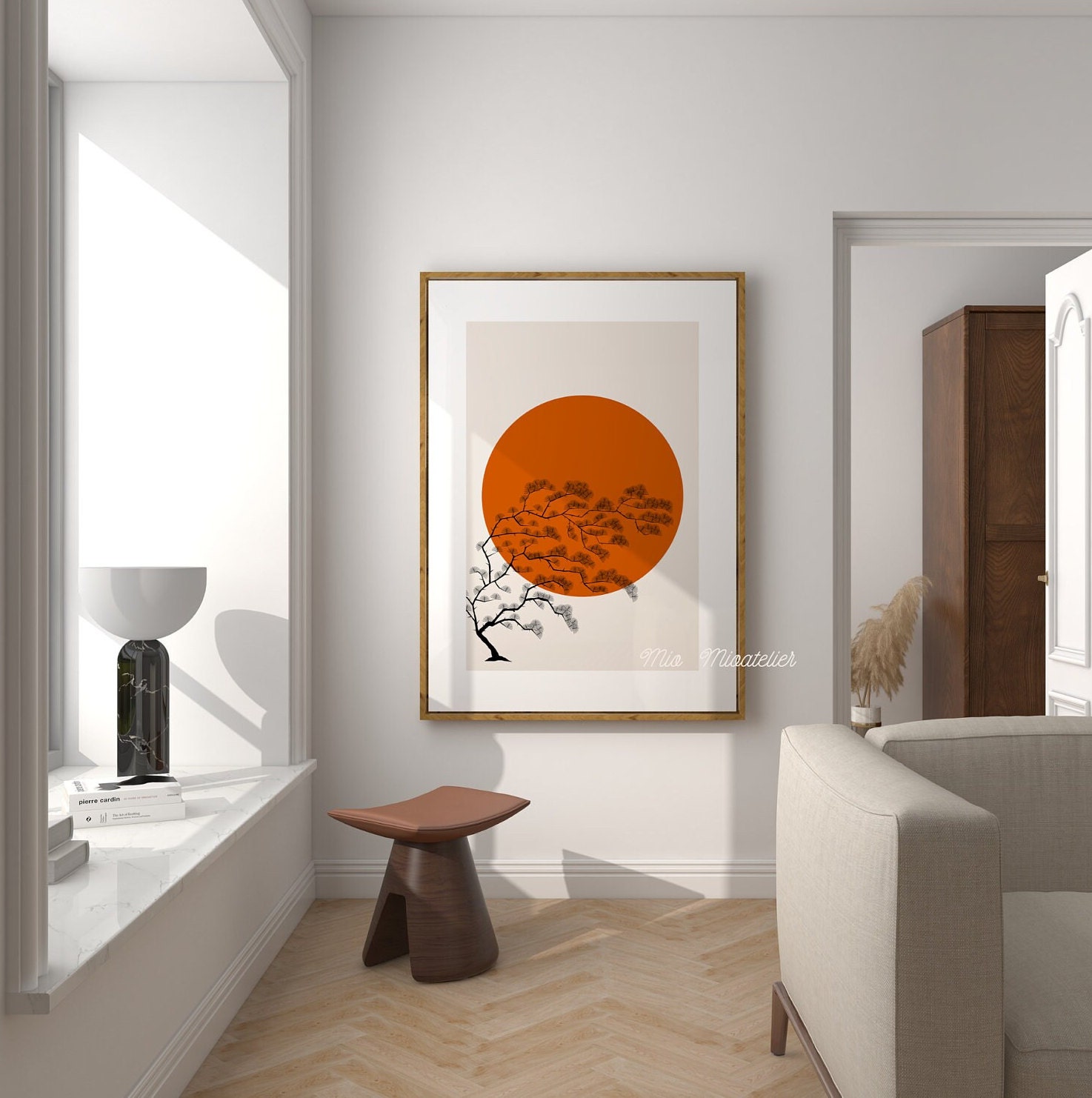 Modern Wall Art Orange Sun and Tree View, Nature Japandi Design Home Decor Art Gift Beautiful ...