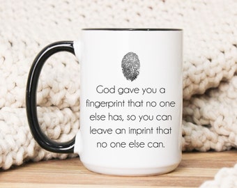 Taza de café cristiano, Dios te dio una taza de huellas dactilares, regalos lindos, dicho positivo en la taza, regalos de huellas dactilares, taza de café única, taza de Dios