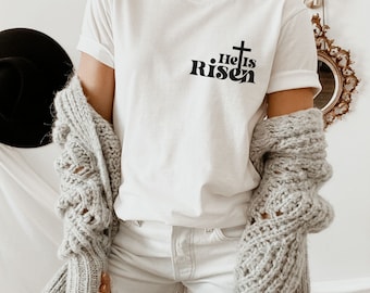 Camiseta cristiana, camiseta unisex Él ha resucitado, camisa de Jesús, regalo cristiano, camiseta de fe, camisa de versículo bíblico, regalos de las Escrituras, regalos de amante de Jesús