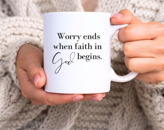 La preocupación termina cuando la fe en Dios comienza taza, taza de fe, taza de café positiva, taza cristiana, regalo cristiano, regalo de fe, taza de Dios, taza de inspiración