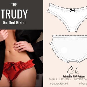 May include: A printable PDF sewing pattern for a ruffled bikini bottom. The pattern is called "The Trudy" and is labeled as intermediate skill level. The pattern is for a white bikini bottom with a ruffled edge and a black bow.