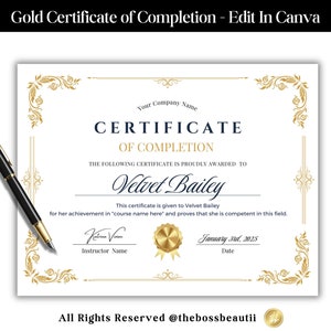 Könnte beinhalten: Ein goldenes Zertifikat über die Beendigung eines Kurses mit einem dunkelblauen Rand und goldenen Verzierungen. Das Zertifikat wird an Velvet Bailey für ihre Leistung in "Kursname hier" verliehen. Das Zertifikat ist von Katrina Vivian unterzeichnet und datiert auf den 3. Januar 2025.