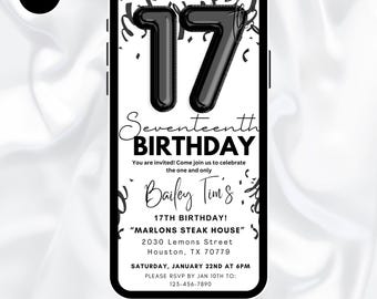 17th Black and White Birthday Party/Dinner Digital Invitation, 17th birthday evite, For men and women, boys and girls template, tbb411