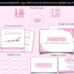 Roze Beauty Business Kit, bedankt | Visitekaartjes, posts op sociale media, flyers, markeerpictogrammen, haar, wimpers, nagels, make-uplogo