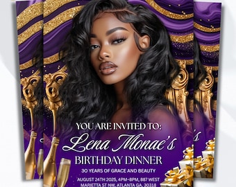 May include: A stylish birthday dinner invitation with a portrait of a woman with long black hair set against a purple and gold backdrop. The invitation reads "Lena Monae's Birthday Dinner" with event details.