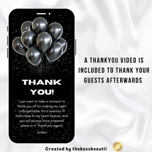 Pode incluir: Ecr&atilde; de telefone digital a preto e branco com uma mensagem de agradecimento e bal&otilde;es pretos. O texto diz "Obrigado! S&oacute; queria tomar um momento para agradecer a todos por tornarem a minha noite inesquec&iacute;vel. &Eacute; uma mem&oacute;ria que guardarei para sempre no meu cora&ccedil;&atilde;o, e voc&ecirc;s sempre ter&atilde;o um lugar especial nele. Obrigado novamente! Jordan". O texto "Um v&iacute;deo de agradecimento est&aacute; inclu&iacute;do para agradecer aos seus convidados depois" tamb&eacute;m est&aacute; no ecr&atilde;.