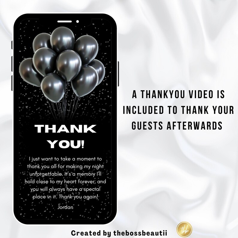 Pode incluir: Ecr&atilde; de telefone digital a preto e branco com uma mensagem de agradecimento e bal&otilde;es pretos. O texto diz "Obrigado! S&oacute; queria tomar um momento para agradecer a todos por tornarem a minha noite inesquec&iacute;vel. &Eacute; uma mem&oacute;ria que guardarei para sempre no meu cora&ccedil;&atilde;o, e voc&ecirc;s sempre ter&atilde;o um lugar especial nele. Obrigado novamente! Jordan". O texto "Um v&iacute;deo de agradecimento est&aacute; inclu&iacute;do para agradecer aos seus convidados depois" tamb&eacute;m est&aacute; no ecr&atilde;.