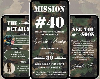 40th Military Birthday Digital Invitation, birthday party evite. 40 birthday for boys and girls, editable template, Army Invite, Paint Ball