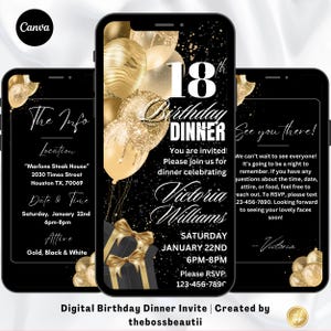 18th Gold Birthday Dinner Digital Invitation, 18th birthday evite,  birthday girl, Canva editable template, gold party, gold invite tbb319