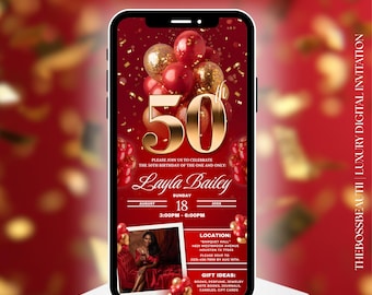50th Luxury Red and Gold Birthday Invitation with picture, turning fifty, 50th bday party text message invite, for him and her